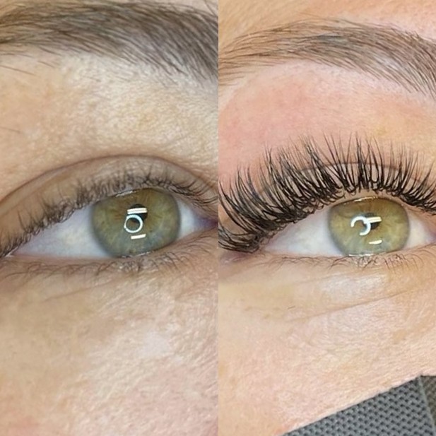 Voor en na van een wimperset op groene ogen