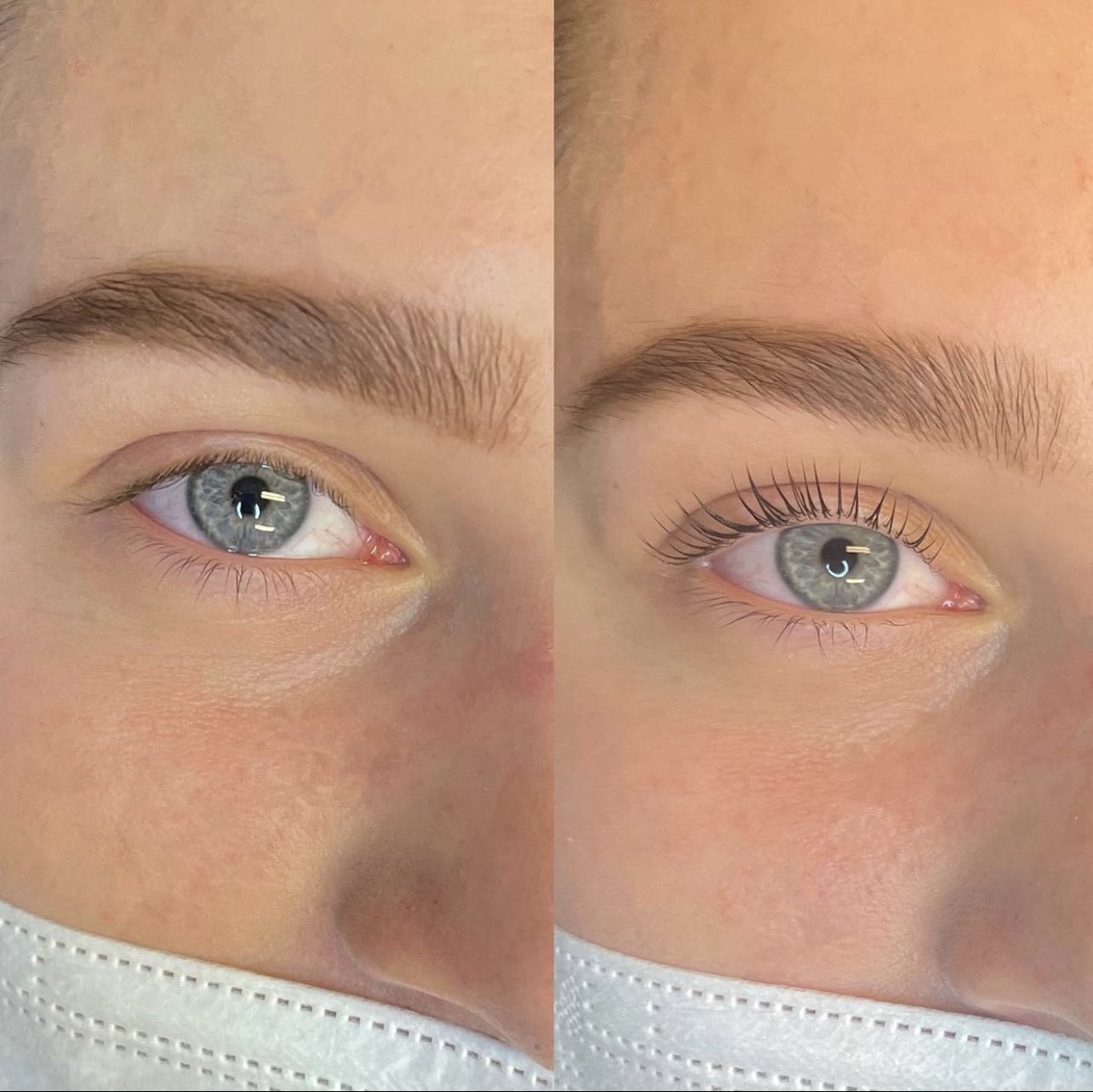 Voor en na van een lashlift op blauwe ogen